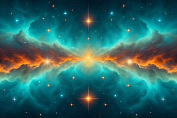 Fototapeta premium Vibrant turquoise and orange nebula with glowing stars in deep space galaxy cosmic