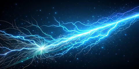 Vibrant electric current surges across a dark cosmic background illuminating the void with brilliant blue and green energy tendrils and sparkling particles
