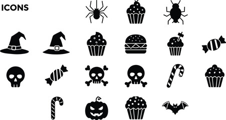 Halloween icons vector set, spooky sweets, skulls, pumpkins, witch hats, spiders, bats, cupcakes and candies collection, black silhouette illustrations for party, decor, design