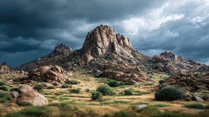 Fototapeta premium Rocky mountain with ominous storm clouds and dry landscape