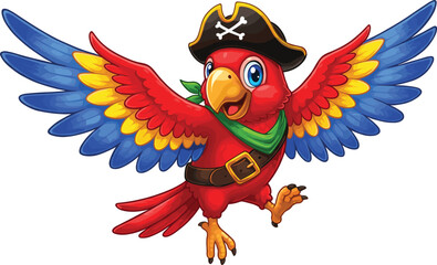 Colorful pirate parrot cartoon illustration, flying bird with pirate hat and eye patch, tropical character design for kids, adventure theme, isolated white background
