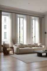 Fototapeta premium Elegant living room with large windows and neutral tones.