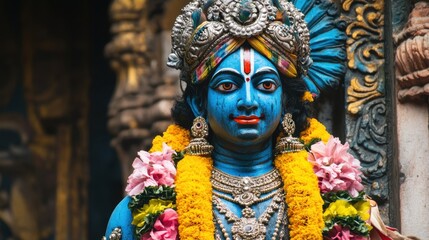 Intricately designed representation of a Hindu deity adorned with colorful flowers and traditional attire, showcasing the beauty of cultural worship and faith.