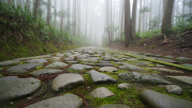 A mysterious stone path winds through a misty, fogladen forest, with tall trees lining the way and moss growing on the ancient cobblestones