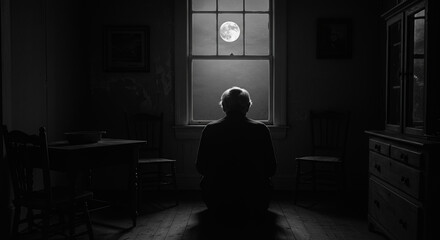 An elderly man sits near the window of an old house all alone.
