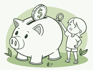 Illustration of a little boy saving money in a piggy bank,Illustration of a Girl Holding a Dollar Coin in a Piggy Bank