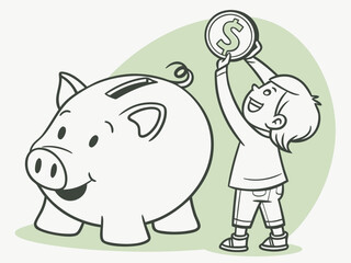 Illustration of a little boy saving money in a piggy bank,Illustration of a Girl Holding a Dollar Coin in a Piggy Bank