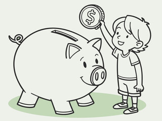 Illustration of a little boy saving money in a piggy bank,Illustration of a Girl Holding a Dollar Coin in a Piggy Bank