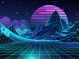 Retro 80s or 90s style landscape with mountains, moon and stars. Vector illustration