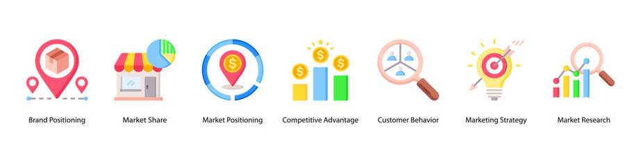 Brand and Market Positioning web banner icon vector illustration featuring Brand Positioning, Market Share, Competitive Advantage, Customer Behavior, Marketing Strategy, and Market Research.