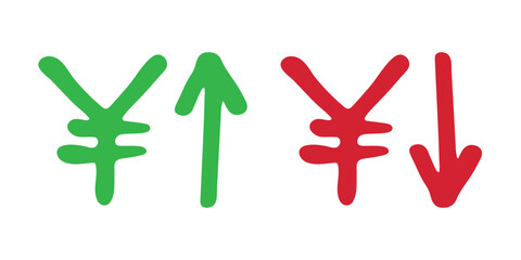 Hand drawn yen currency symbol Growth and fall profit with arrow up and down Brush stroke doodle Element for design