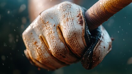 Close-up of mud-splattered baseball glove gripping bat during rainy game