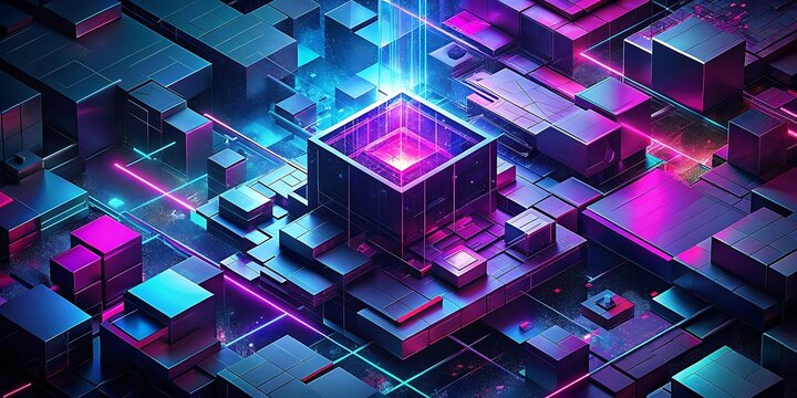 Abstract digital network with glowing neon cubes and futuristic geometric patterns in a cyberpunk aesthetic - Powered by Adobe