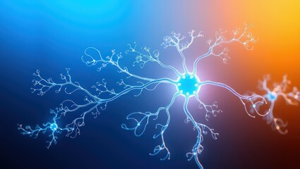 Illustration of nerve cells with branching dendrites on a gradient blue and orange background