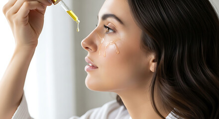 Obraz premium Beautiful young woman in a white robe applying a nourishing vitamin face serum with a dropper for a daily beauty skincare routine