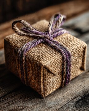 Rustic wrapped gift box with a twine bow on aged wooden surface