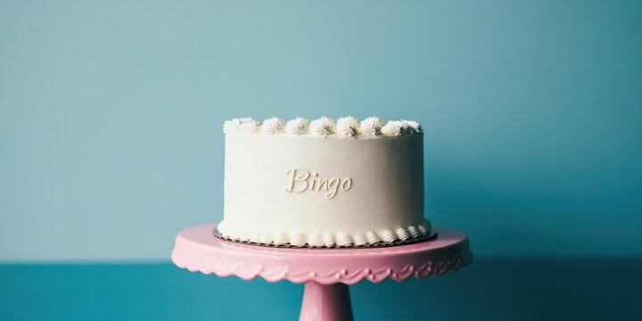 National Bingo Day Elegant white cake on pink stand with 'bingo' inscription against blue background - Powered by Adobe