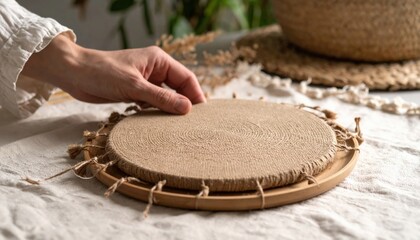 Fototapeta premium Hand Placing Round Straw Plate On Wooden Tray