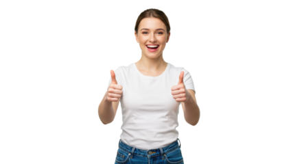 Cheerful young caucasian woman, early 20s, white t-shirt, blue jeans, giving enthusiastic two thumbs up to camera on transparent studio background, radiating optimism and clear approval concept