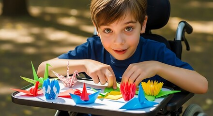 A young boy in a wheelchair happily engages in origami, creating colorful paper cranes on a tray.