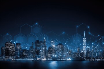 City skyline at night with digital network overlay