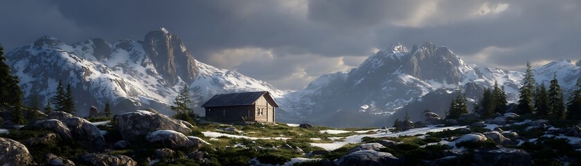 Fototapeta premium A secluded mountain hut nestled amongst snowy peaks.