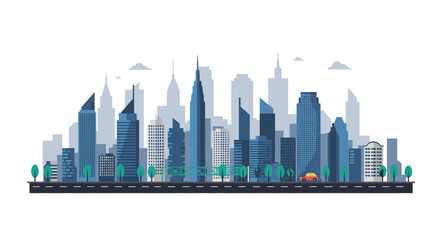 Obraz premium Modern flat style cityscape with skyscrapers and urban skyline silhouette