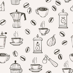 Hand-drawn coffee tools seamless pattern sketch on beige background