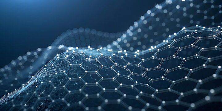 Abstract visualization of a shimmering undulating graphene lattice structure with glowing nodes and interconnected hexagonal patterns against a dark blue background