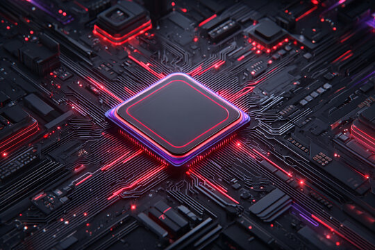 Placa de circuito futurista con chip central brillante y luces rojas parpadeantes, tecnolog&iacute;a avanzada y cibern&eacute;tica.