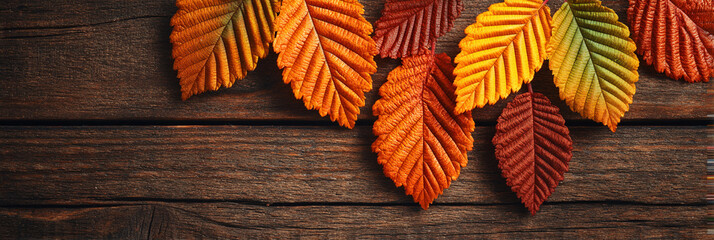 Hojas de otoño de colores vibrantes sobre un fondo de madera rústica, diseño de temporada. © Hmen