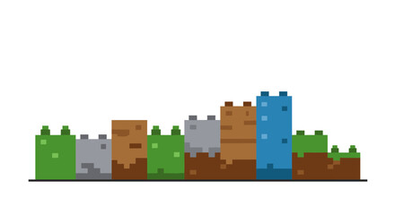 Pixelated building landscape with colorful blocks and minimalist design