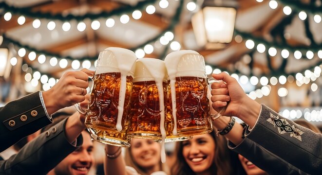 Friends celebrating and toasting with traditional beer steins at a lively folk festival with festive lights.