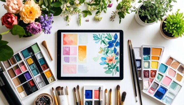 Flat Lay Artist Workspace With Digital Tablet And Watercolor Design