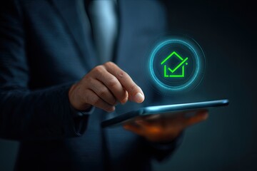 Businessperson interacting with a digital home symbol