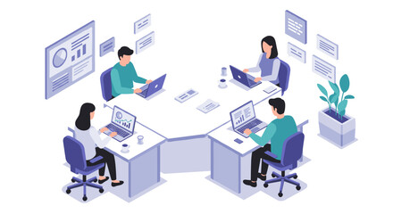 Business meeting in modern office with team working on laptops in isometric style