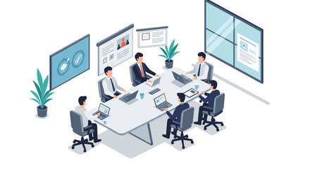 Modern office meeting in an isometric design with team collaboration and technology