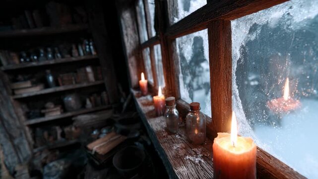 Cozy candlelit interior of an ancient cabin with snow-covered windows and rustic decorations