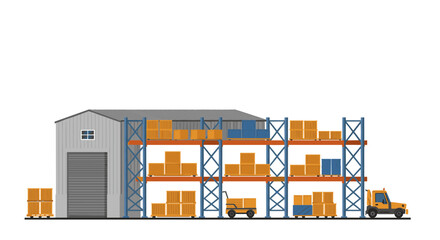 Logistics warehouse with racks and forklift for efficient cargo storage