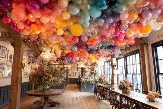 Colorful balloon ceiling in a room with flowers and wooden tables
