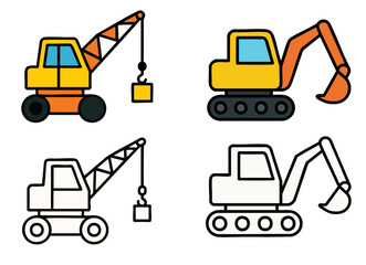 Colorful and Outline Construction Vehicles Set.