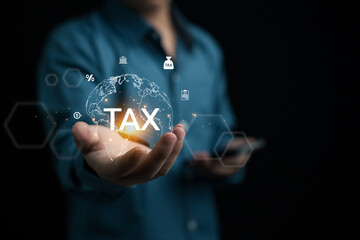 Businesma using Ai complete Individual income tax return form online for tax payment. Tax deduction planning concept.