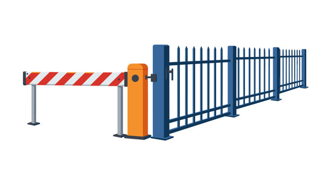 Metal fence with barrier gate in isometric style for security and access control design