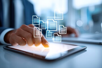 Businessperson using a tablet with file icons