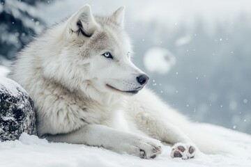 Fototapeta premium Majestic white wolf resting on snow in a serene winter landscape with falling snowflakes