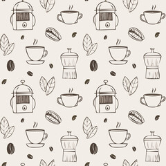 Hand-drawn coffee tools seamless pattern sketch on beige background