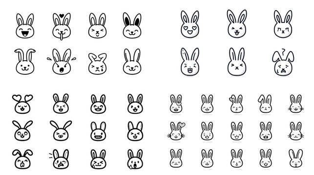 Cute bunny faces illustration set. Minimal cartoon rabbit expressions in simple black and white line art style, perfect for children’s designs and animal-themed graphics. - Powered by Adobe