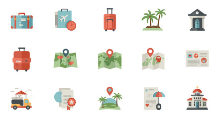 Travel and vacation icons set featuring maps, suitcases, and landmarks in flat design