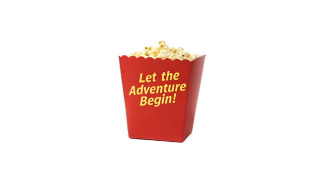 Let The Adventure Begin with a box of delicious popcorn isolated on transparent background, a perfect snack for movie night and entertainment