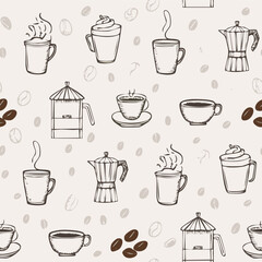Hand-drawn coffee tools seamless pattern sketch on beige background